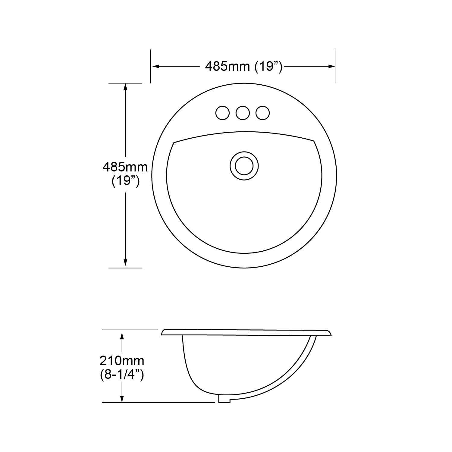 specification of MU-3219D, 19-inch bathroom round shape ceramic overmount drop-in sink